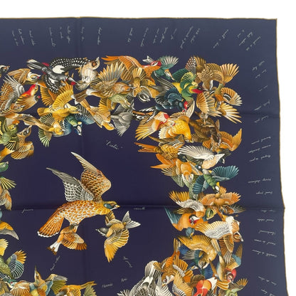 Hermes Scarf Silk Carre 90 L'intrus Intruder Bird Pattern Navy — view 4