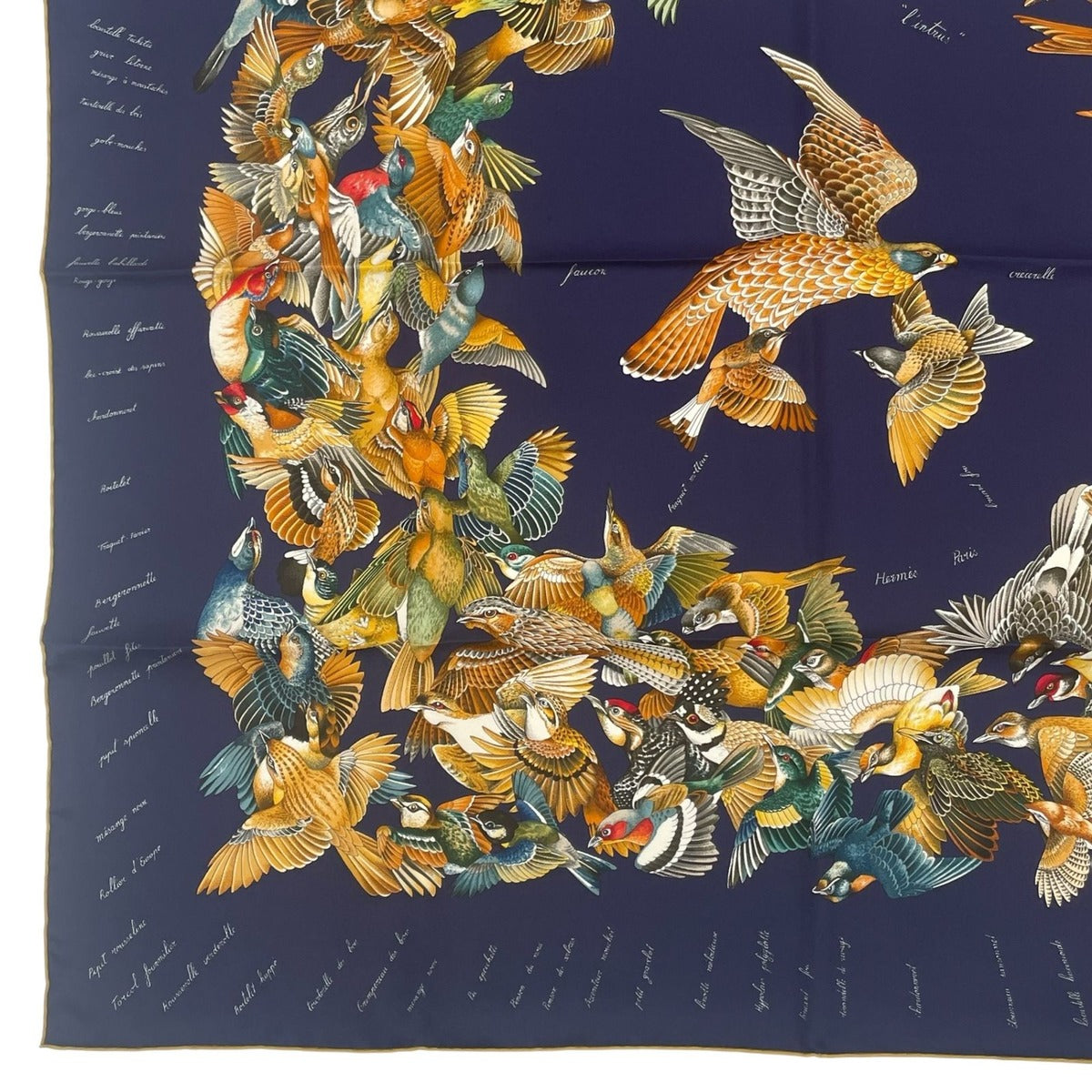 Hermes Scarf Silk Carre 90 L'intrus Intruder Bird Pattern Navy — view 5