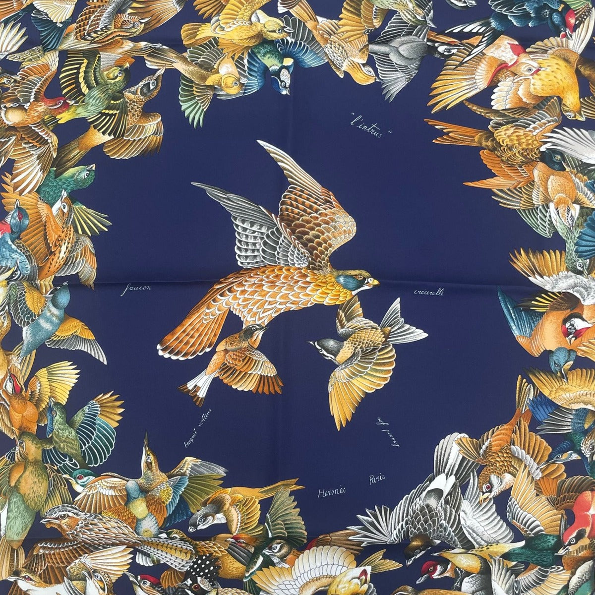 Hermes Scarf Silk Carre 90 L'intrus Intruder Bird Pattern Navy — view 7