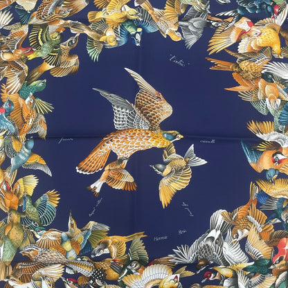 Hermes Scarf Silk Carre 90 L'intrus Intruder Bird Pattern Navy — view 7