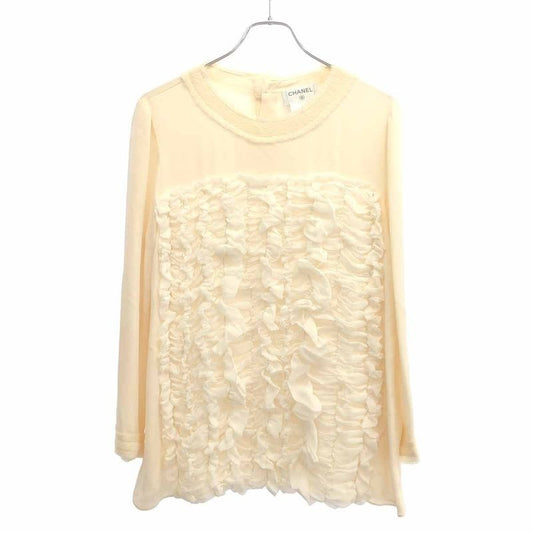 Chanel Ruffle Gathered Silk Pullover Blouse Beige 42