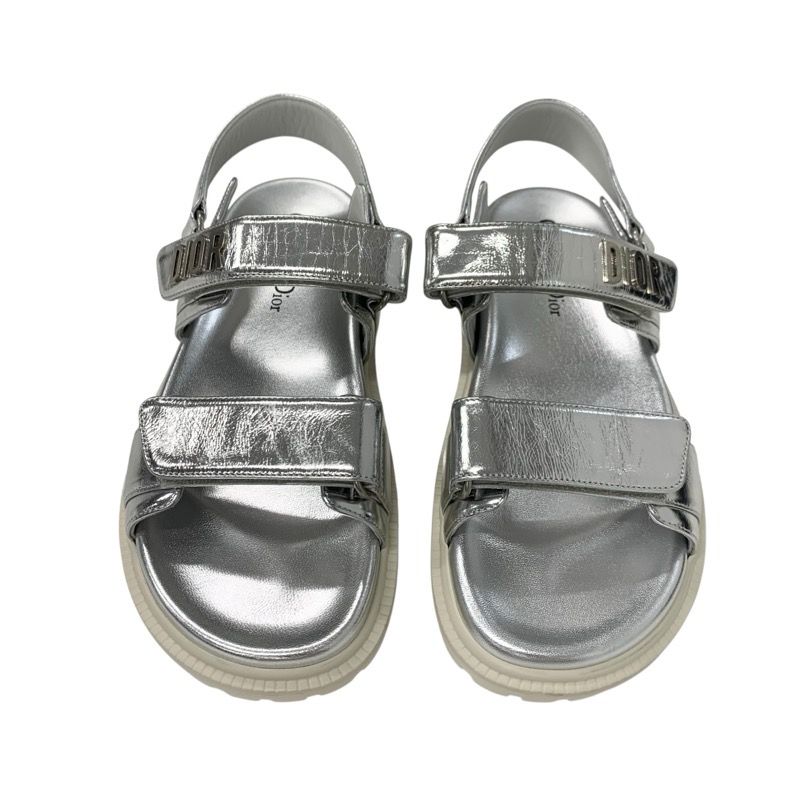 Christian Dioract Sandals Shoes Leather Metallic Silver Unused Logo Lambskin