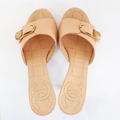 Chanel Sandals Mule Wood Button Coco Mark Pink Beige Size 35.5 22.5cm
