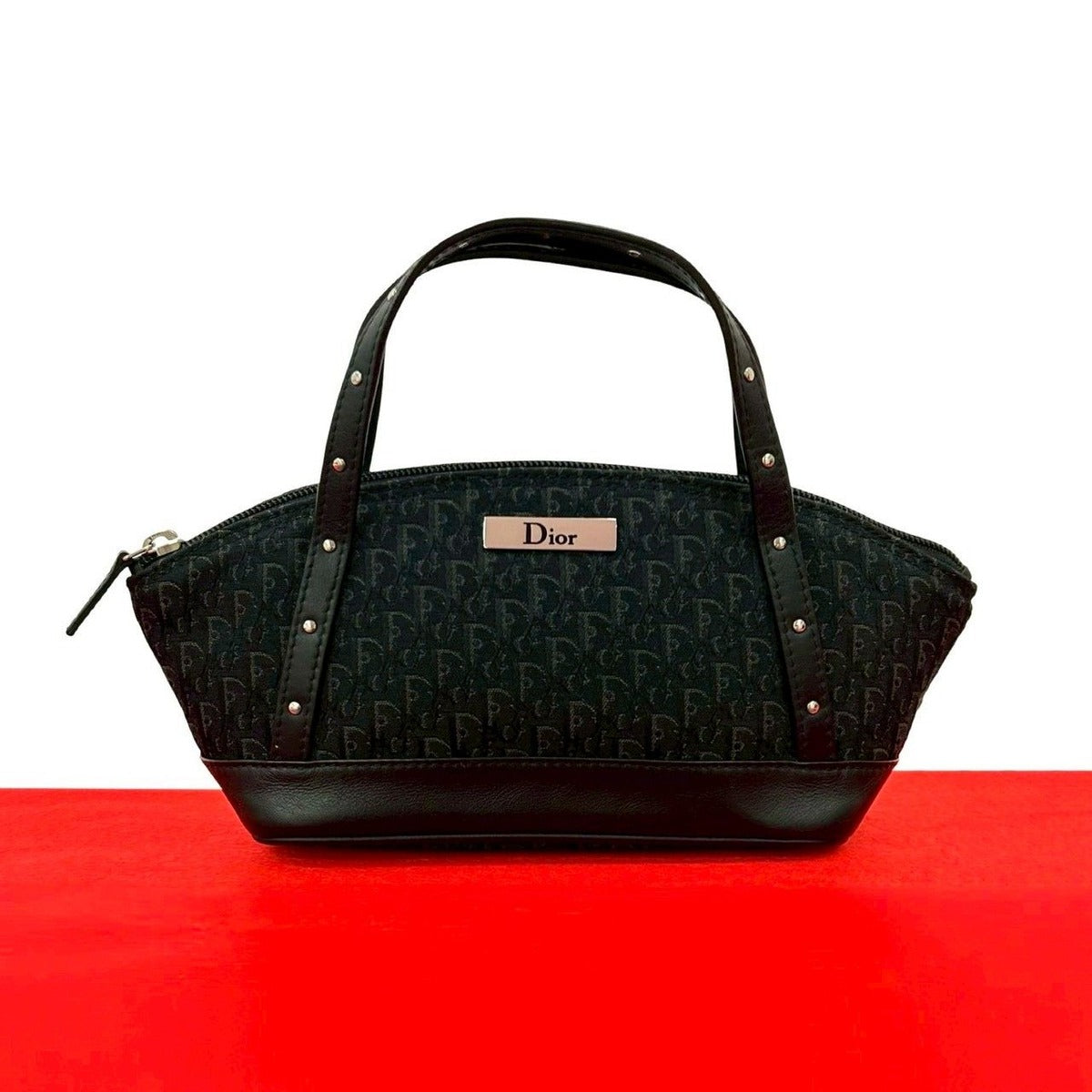 Dior Trotter Pattern Logo Canvas Leather Mini Handbag Black