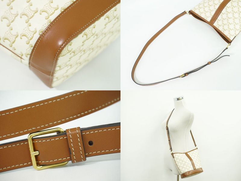 Authentic Celine Triomphe Small Bucket Shoulder Bag Pochette PVC White Brown