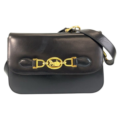 Celine Vintage Horse Carriage Logo Black Gold Leather Shoulder Bag