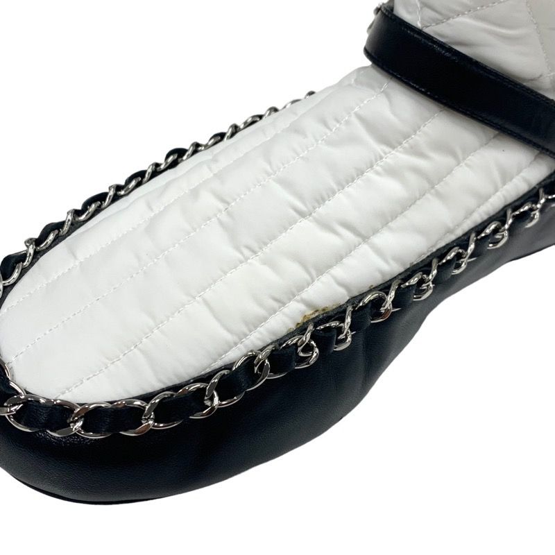 Chanel Boots Short Boots Shoes Nylon Leather White Black Matelasse Chain Belt