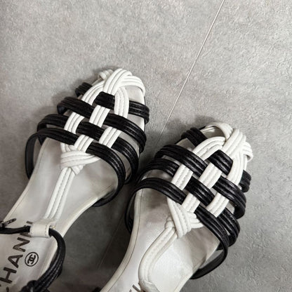 Chanel Coco Mark Charm Braided Leather Sandals Black White Bicolor 35 22cm