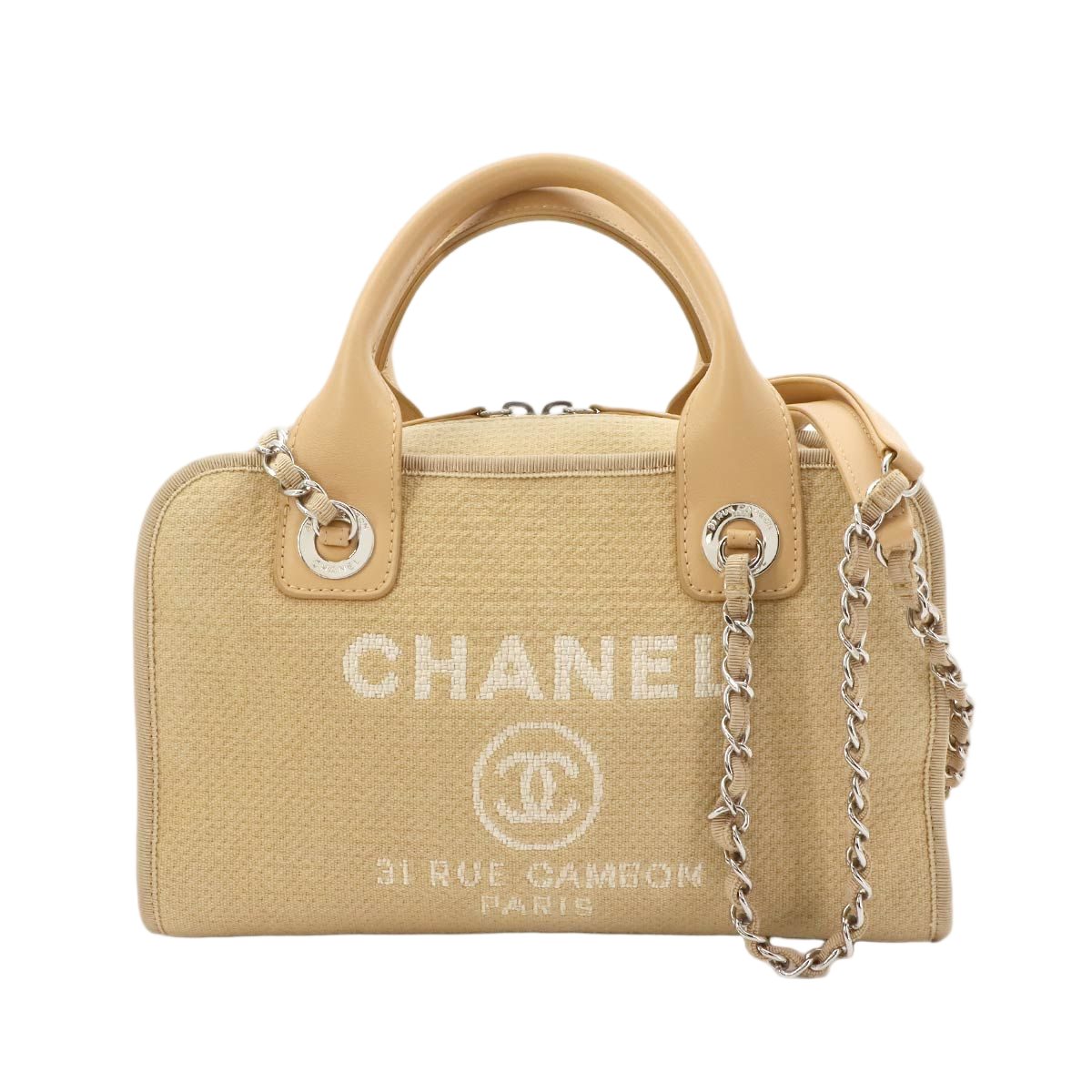 Chanel Deauville Bowling 2-Way Hand Chain Shoulder Bag Canvas Leather Beige
