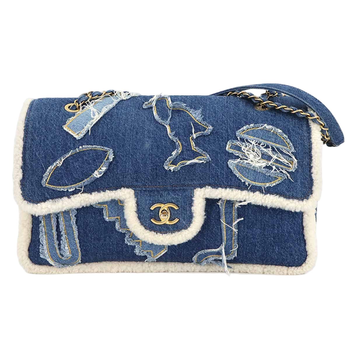 Chanel Egypt Chain Shoulder Bag Denim Shearling Blue Gold