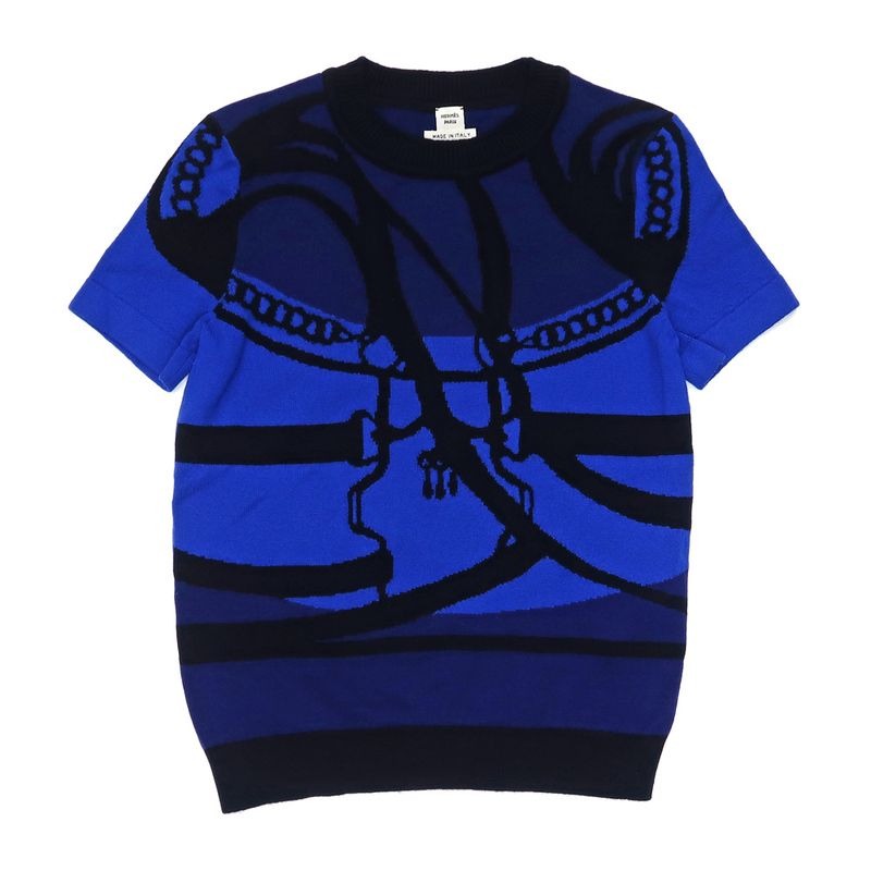 Hermes Short Sleeve Knit Morning Walk 34 Size Blue 2 H2645 D2 Cashmere