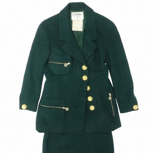 Chanel Set Suit Tweed Jacket Skirt Gold Button Green 38 M Vintage