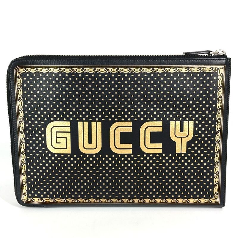 Gucci Clutch Bag Sega Collaboration Guccy Logo 523441 Leather Black