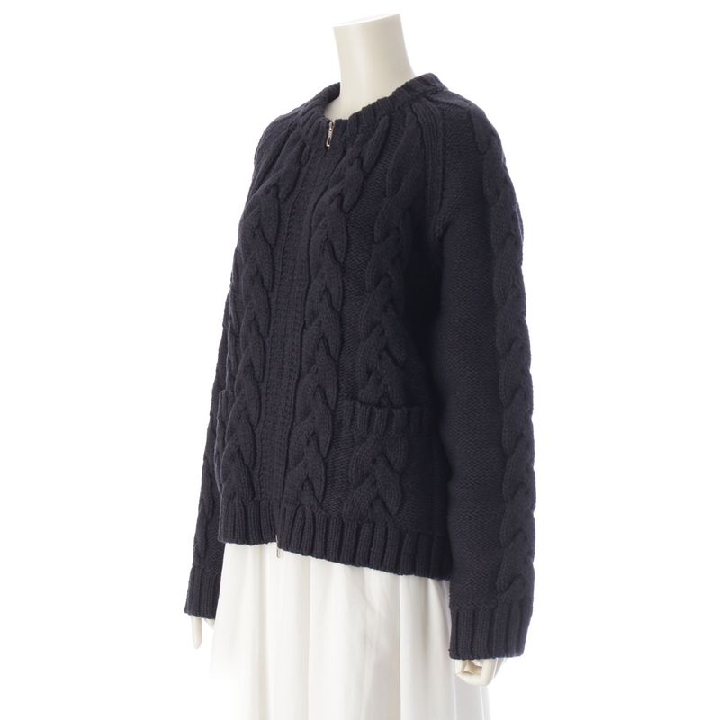 Hermes Wool Cashmere Mix Zip-up Sweater Cable Knit Black 42