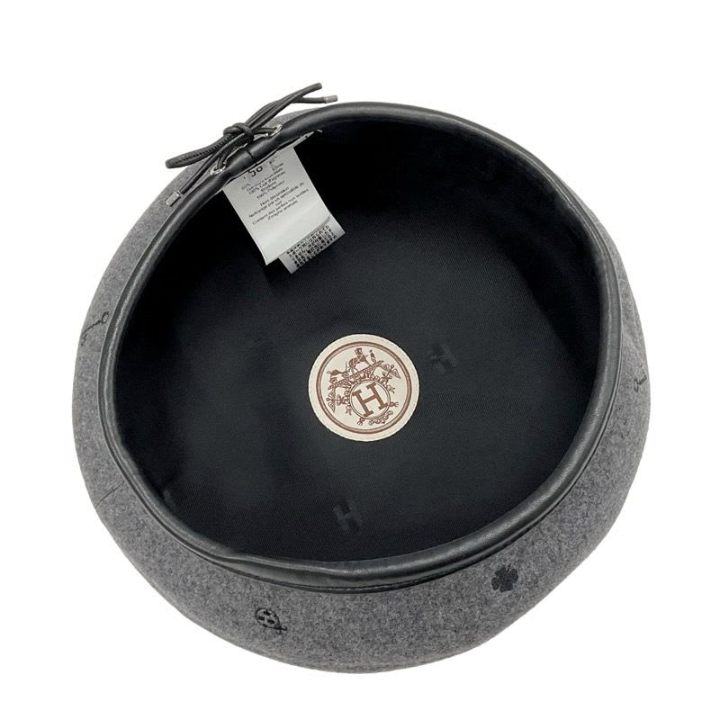 Hermes Beret Cashmere Gray Black Embroidery Hat