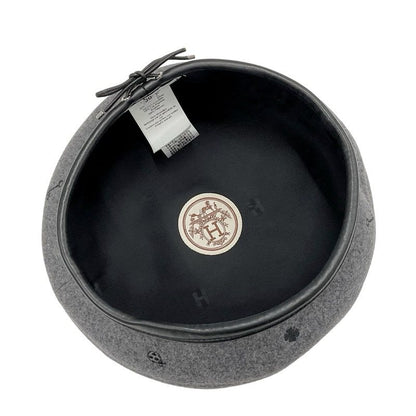 Hermes Beret Cashmere Gray Black Embroidery Hat
