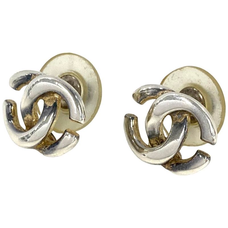 Chanel Coco Mark Earrings Silver Stamped Metal 01P