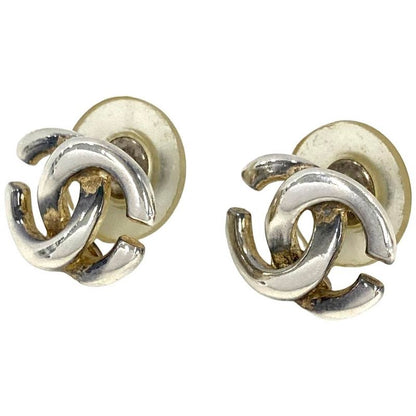 Chanel Coco Mark Earrings Silver Stamped Metal 01P