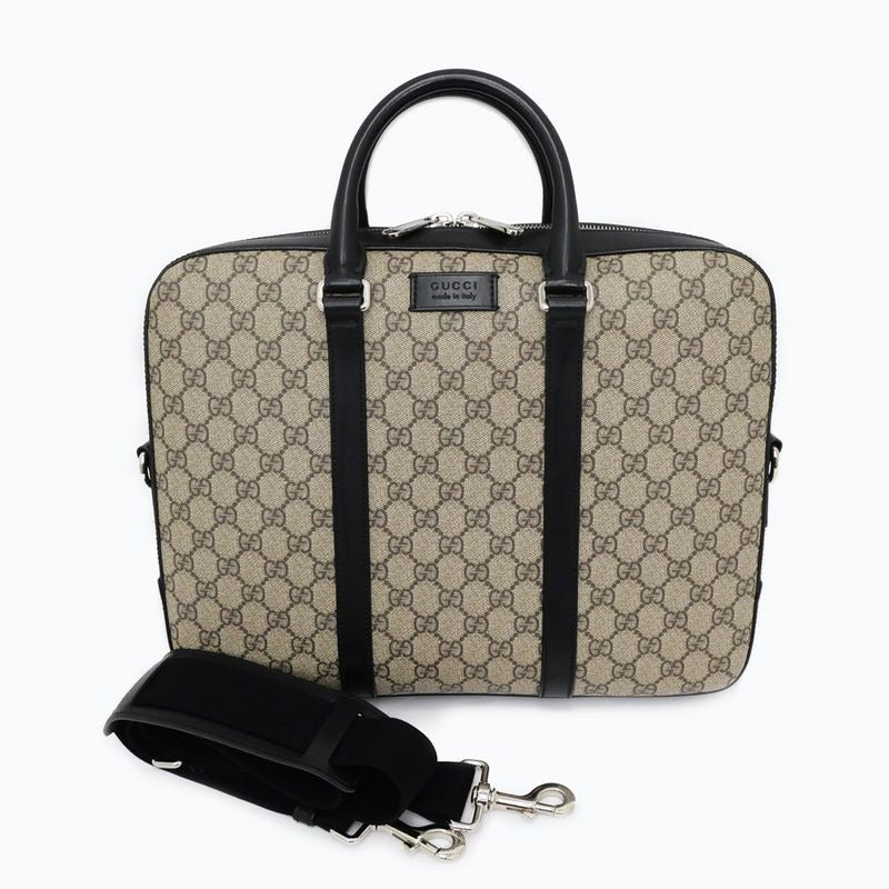Gucci GG Supreme 2way Briefcase Bag Beige Black Leather