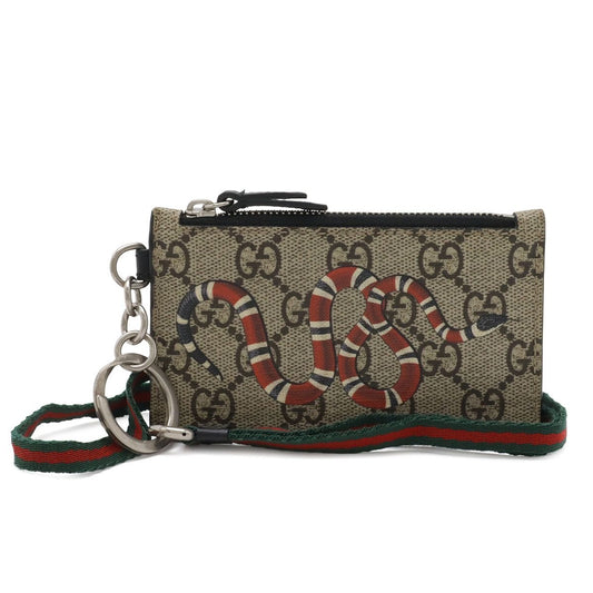 Gucci GG Supreme Kingsnake Coin Purse Card Holder Neck Strap Leather Beige Red