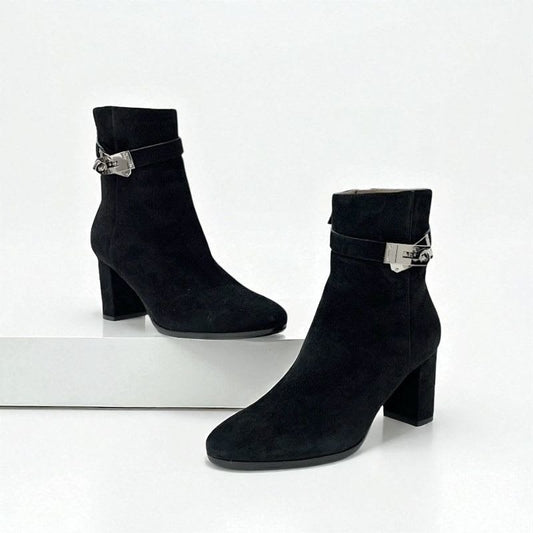 Hermes Saint Germain Boots Short Shoes Suede Black Silver Kelly Hardware