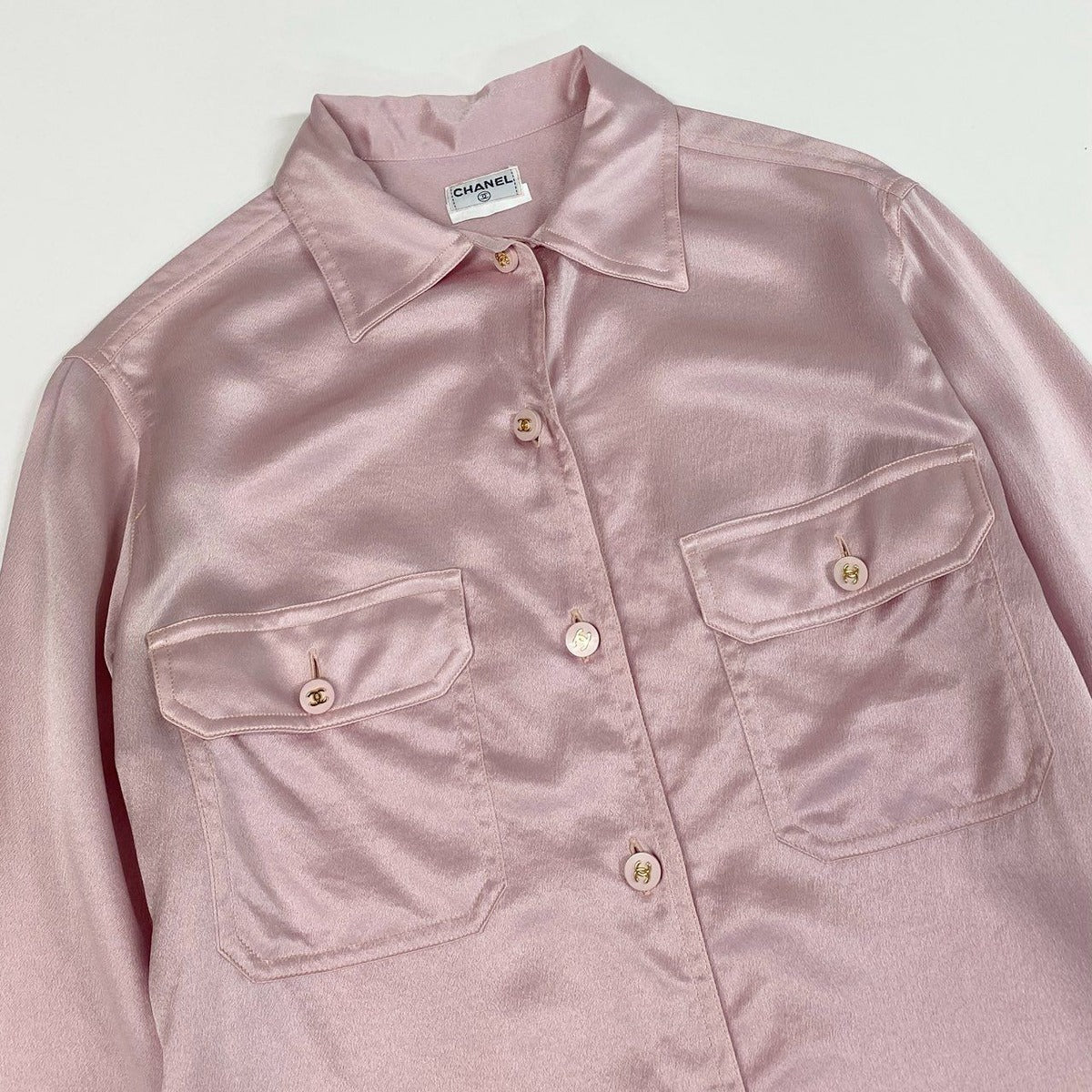 Chanel Vintage CC Logo Button Silk Shirt Blouse M L Top — view 4