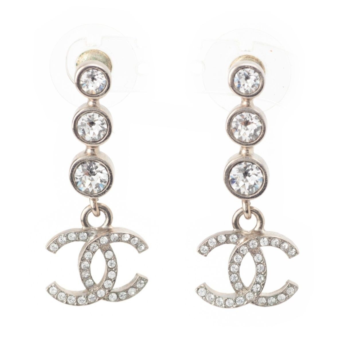 Chanel CC Logo Line Stone Earrings Silver