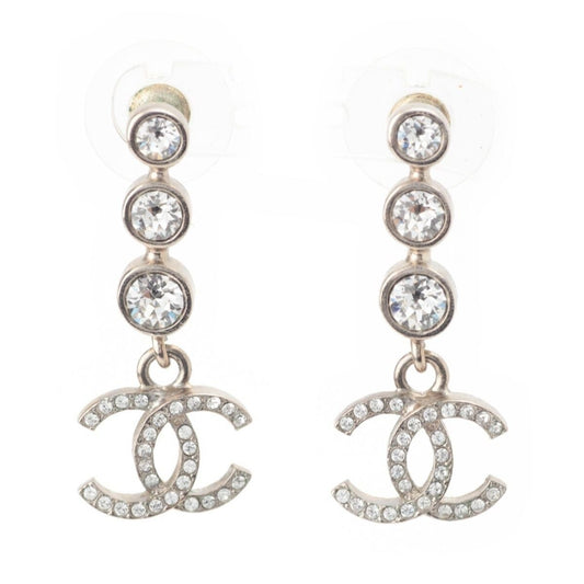 Chanel CC Logo Line Stone Earrings Silver