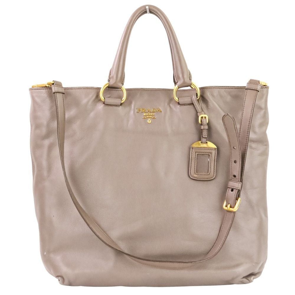 Prada Logo Leather 2-Way Tote Shoulder Bag Grey Greige