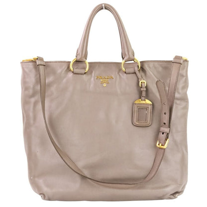 Prada Logo Leather 2-Way Tote Shoulder Bag Grey Greige