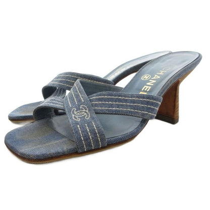 Chanel Coco Mark Denim Mule Heel Sandals Square Toe Canvas 37 Blue GV GY62