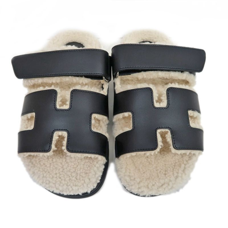 Hermes Chypre Sandals Size 37.5 Leather Black Sheepskin Off White — view 3