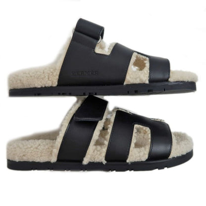 Hermes Chypre Sandals Size 37.5 Leather Black Sheepskin Off White — view 6