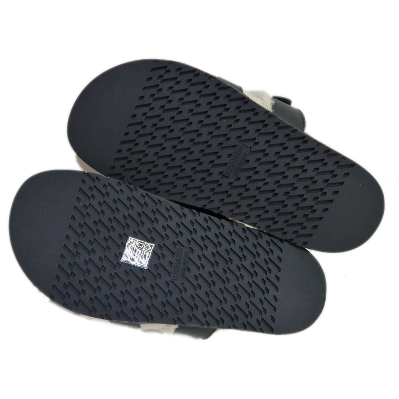 Hermes Chypre Sandals Size 37.5 Leather Black Sheepskin Off White — view 8