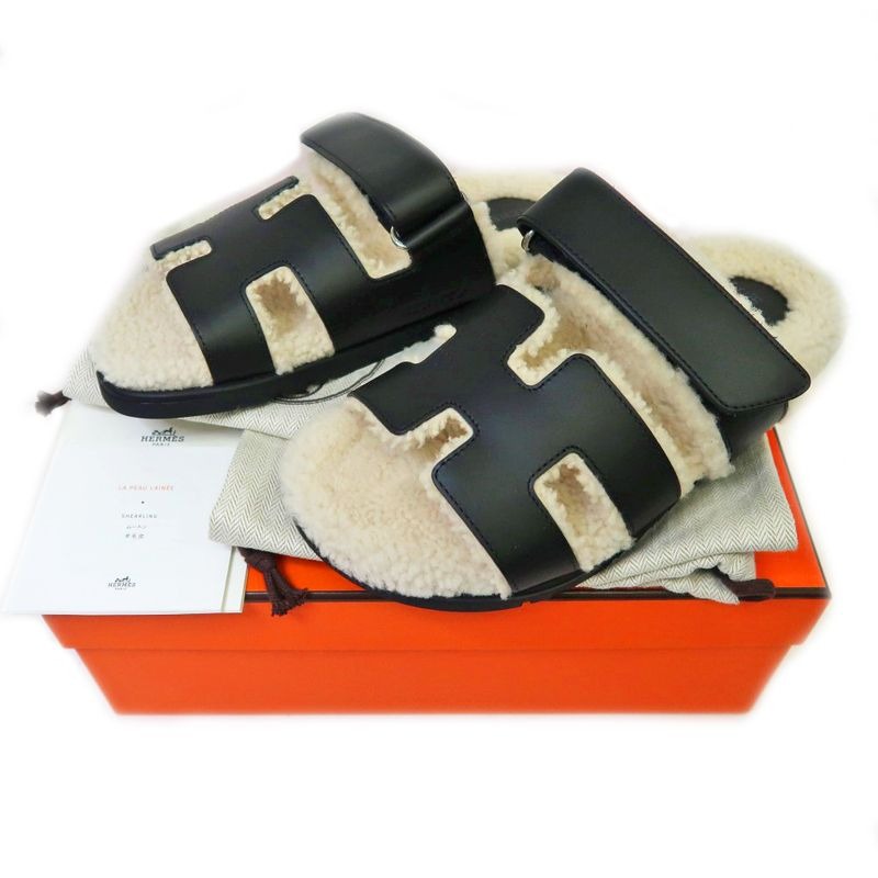 Hermes Chypre Sandals Size 37.5 Leather Black Sheepskin Off White — view 10