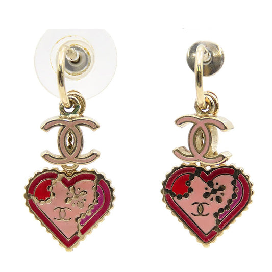 Chanel Swing Earrings CC Logo Heart Motif 05P Pink Red Metal
