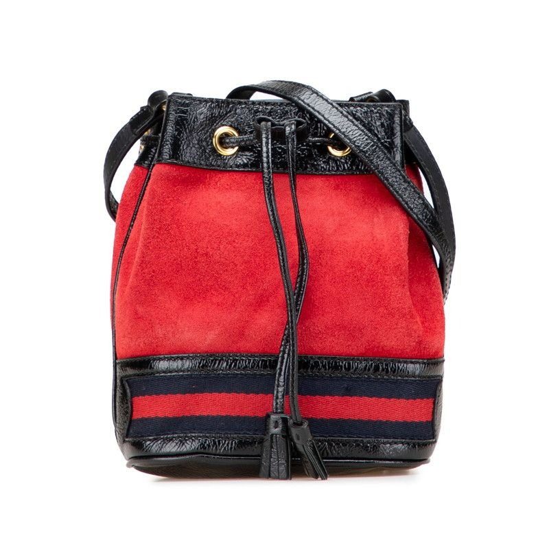 Gucci Crossbody Shoulder Bag Mini Bucket Red Black Suede Leather