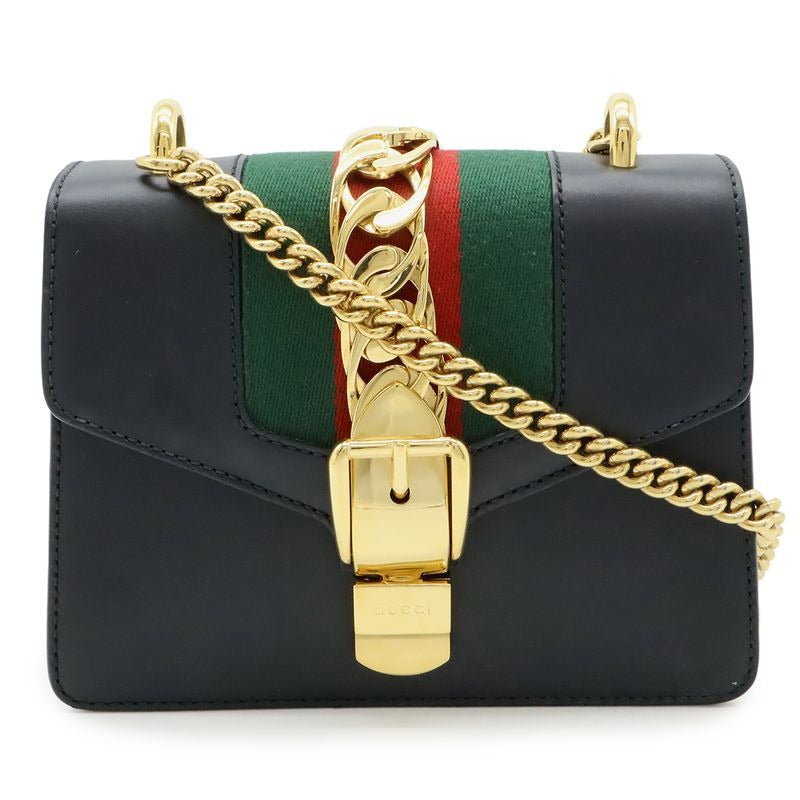 Gucci Sylvie Webline Ribbon Mini Chain Bag Shoulder Pochette Leather Black