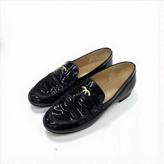Chanel Loafer Leather Shoes Enamel Black Gold Coco Mark