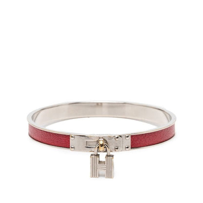 Hermes Kelly Cadena Bangle Bracelet Silver Red Metal Leather