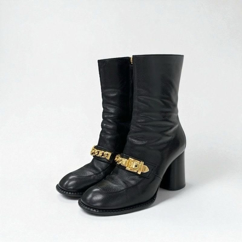 Gucci Boots Short Shoes Leather Black Gold Chain Belt