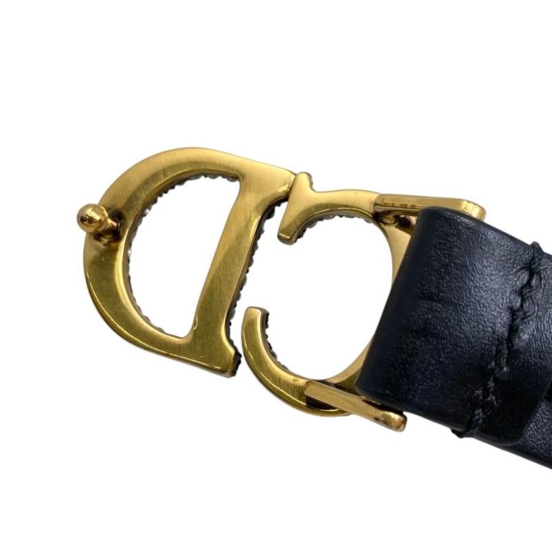 Christian Dior Belt CD Logo Rhinestone Leather Black Gold Hardware Christian