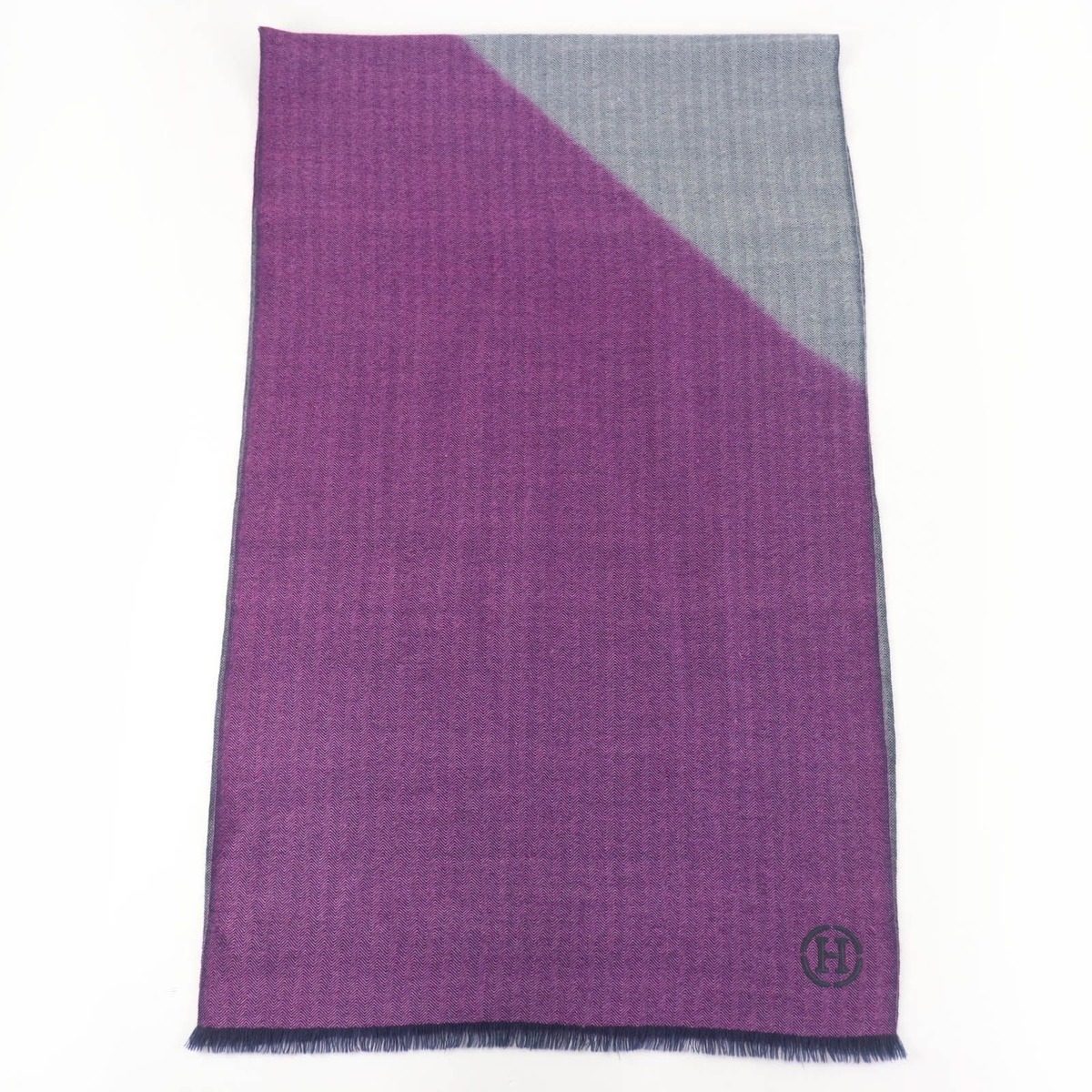 Hermes Cashmere H Logo Leather Patch with Fringe Large Shawl Purple Navy Scarf