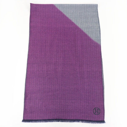 Hermes Cashmere H Logo Leather Patch with Fringe Large Shawl Purple Navy Scarf