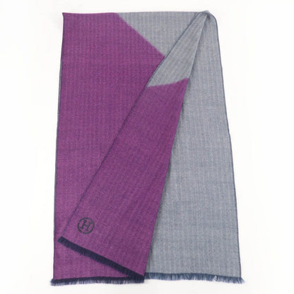 Hermes Cashmere H Logo Leather Patch with Fringe Large Shawl Purple Navy Scarf — view 2
