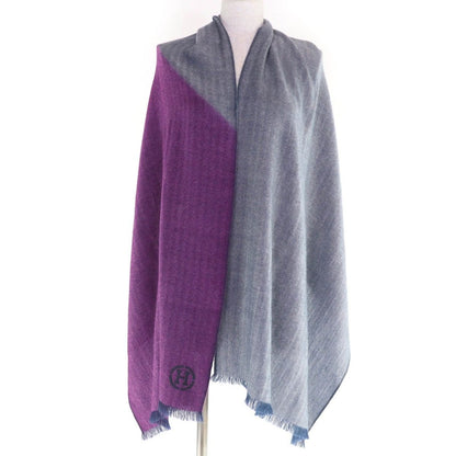 Hermes Cashmere H Logo Leather Patch with Fringe Large Shawl Purple Navy Scarf — view 4