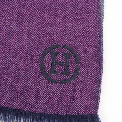 Hermes Cashmere H Logo Leather Patch with Fringe Large Shawl Purple Navy Scarf — view 7