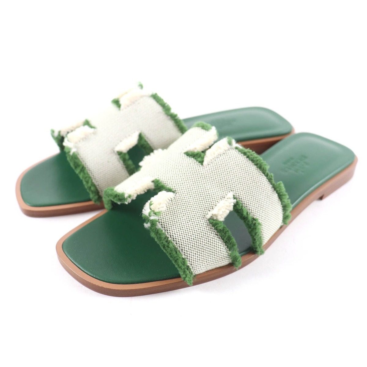 Hermes Oran Fringe Canvas Leather Sandals Green 35