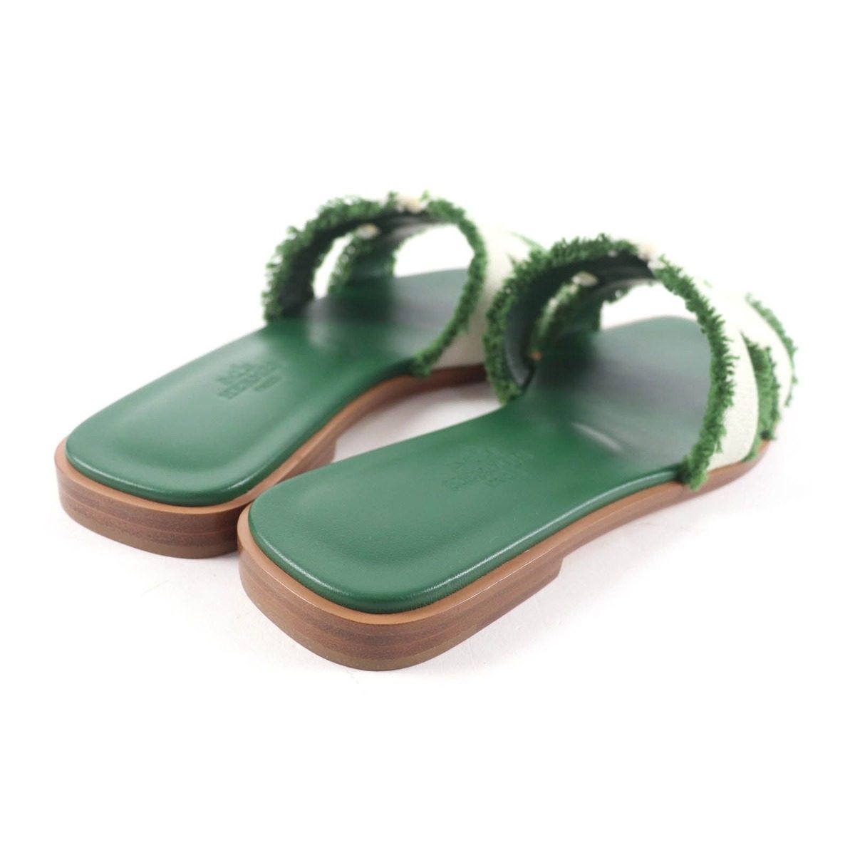 Hermes Oran Fringe Canvas Leather Sandals Green 35 — view 3