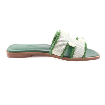 Hermes Oran Fringe Canvas Leather Sandals Green 35 — view 6